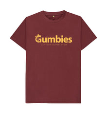 Gumbies Full Logo Red Wine/Yellow - Unisex Organic Cotton T-Shirt