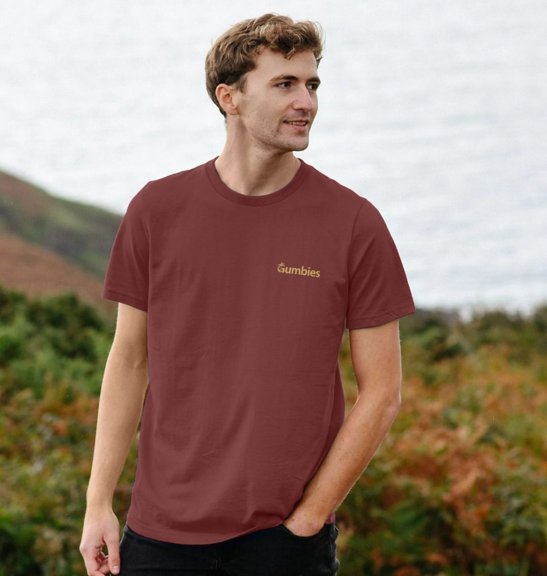 Gumbies Small Full Logo Red Wine/Yellow - Unisex Organic Cotton T-Shirt