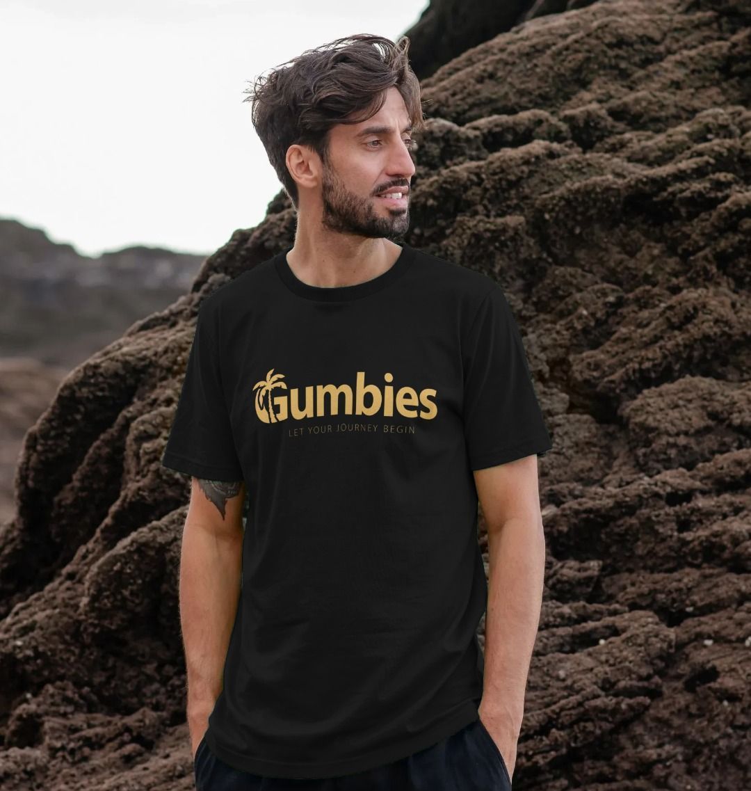 Gumbies Full Logo Black Yellow Unisex Organic Cotton T Shirt