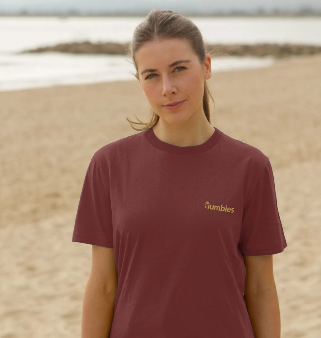 Gumbies Small Full Logo Red Wine/Yellow - Unisex Organic Cotton T-Shirt